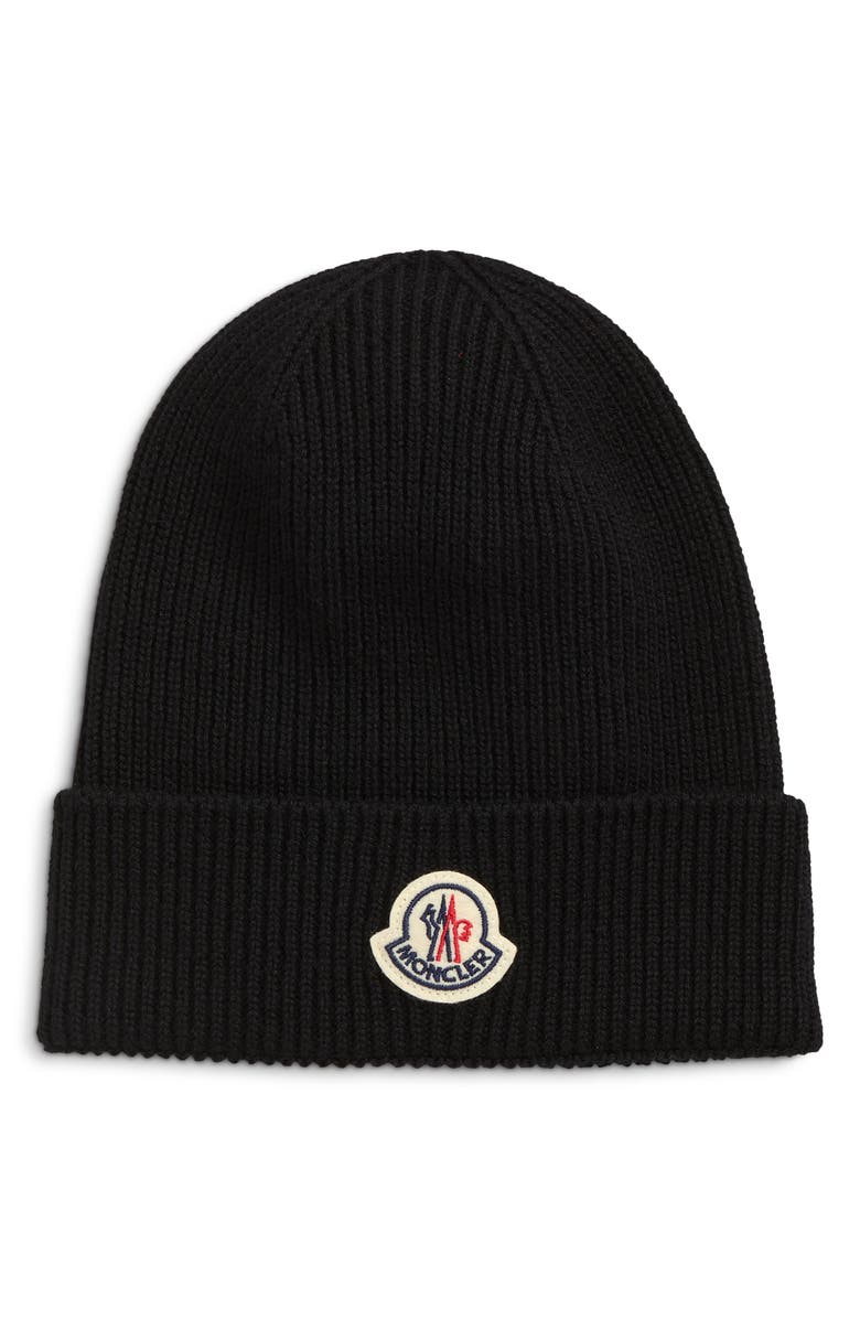 Moncler Virgin Wool Rib Beanie, Main, color, Black
