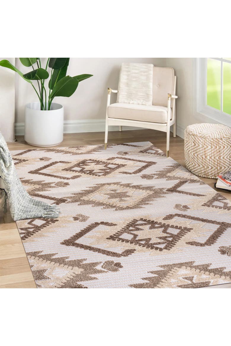 Sumak High-Low Pile Neutral Diamond Kilim Indoor/Outdoor Area Rug, Alternate, color, Brown/Ivory