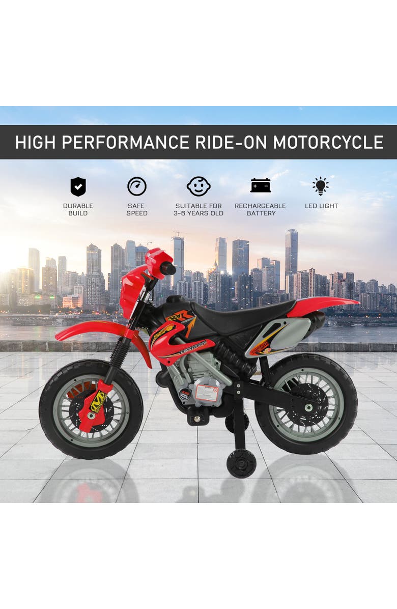 Aosom 6V Kids Motorcycle Dirt Bike with Training Wheels, Music, Lights, Alternate, color, Red