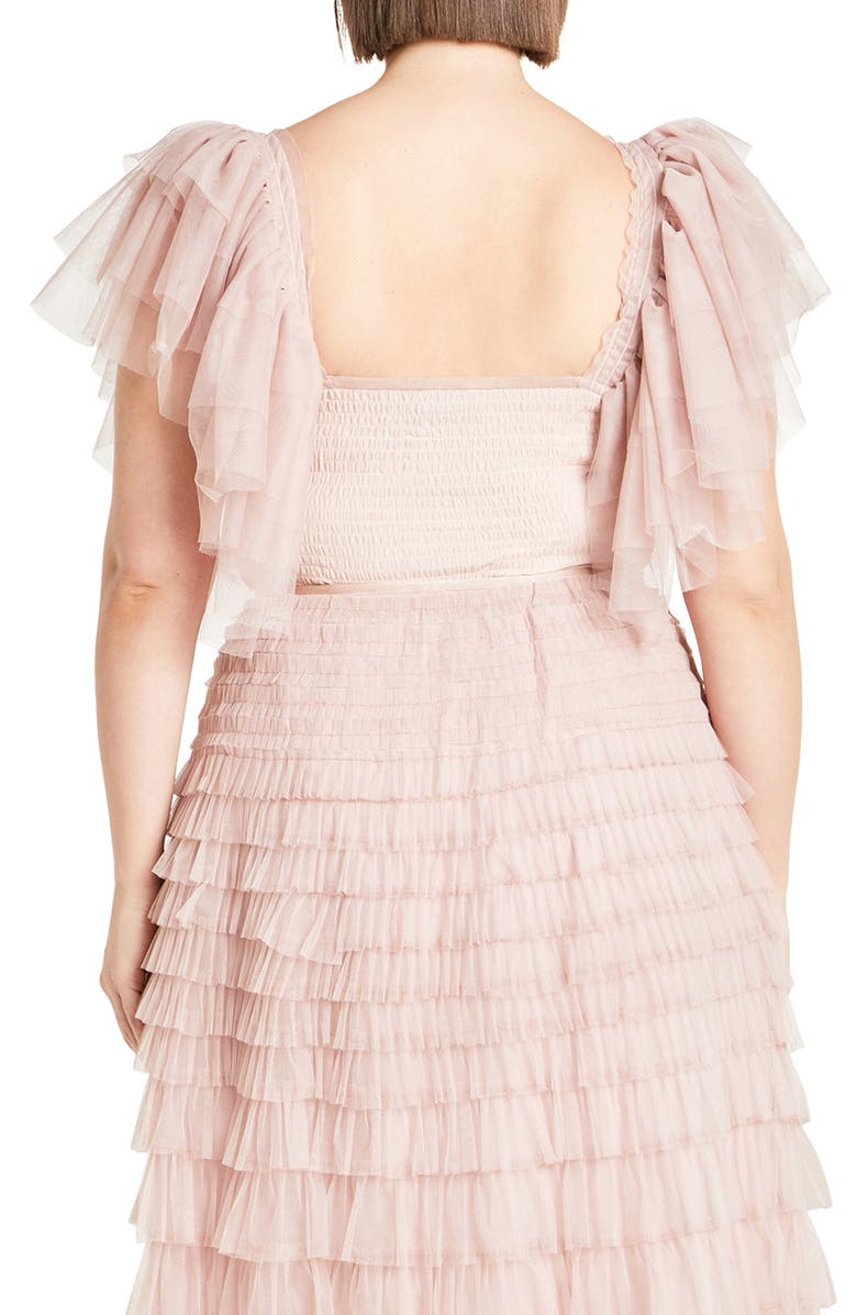 City Chic Azariah Shirred Tulle Sleeve Bodysuit, Alternate, color, Dusty Pink