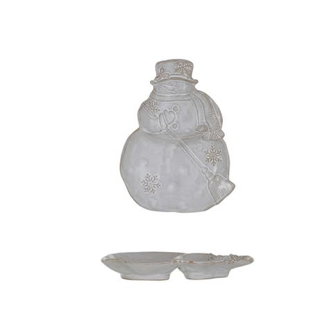 Stoneware Snowman Shaped Plate with Snowflakes & Broom with Reactive Glaze, White