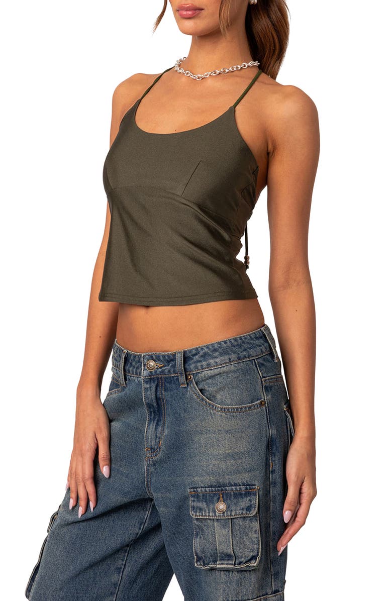 EDIKTED Sara Crop Halter Top, Alternate, color, Olive