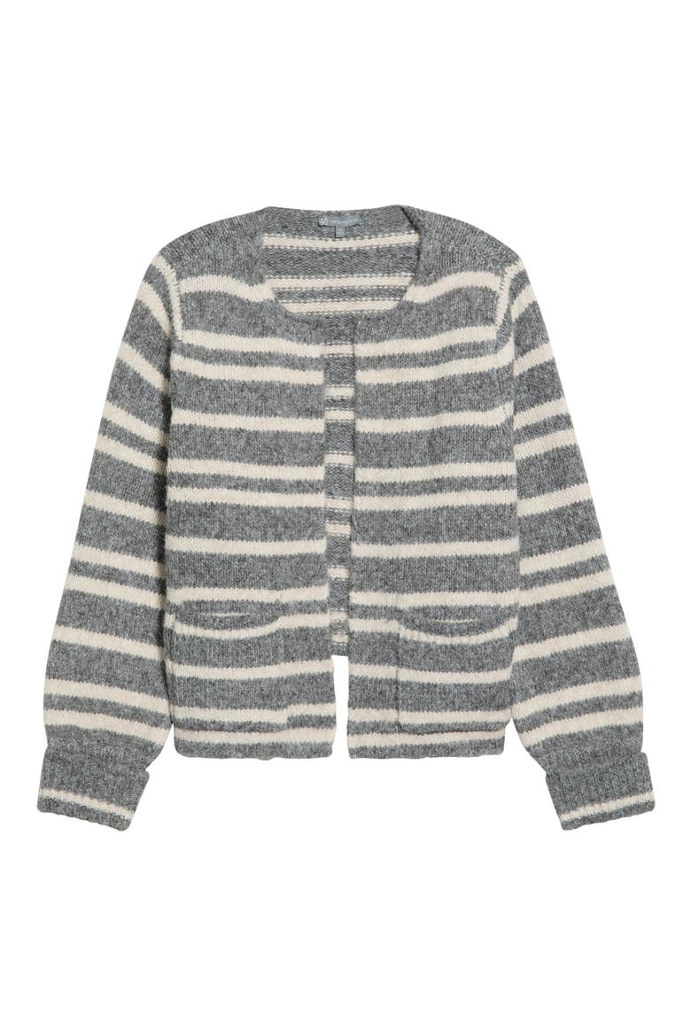 Striped Blouson Sleeve Cardigan, Main, color, LIGHT GREY/ ECRU
