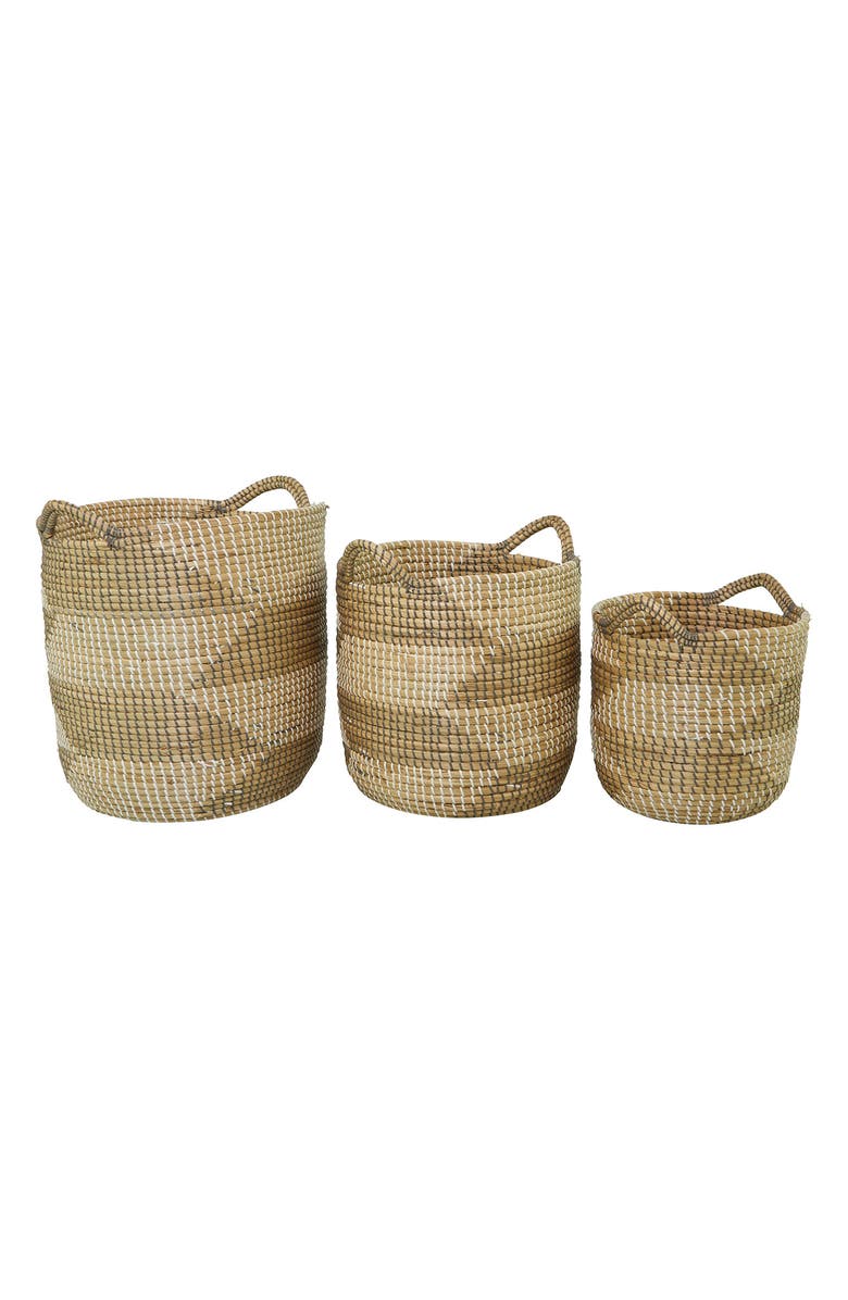 COSMO BY COSMOPOLITAN Brown Seagrass Handmade Two-Tone Storage Basket with Handles - Set of 3, Alternate, color, Brown