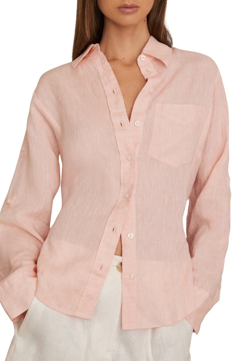 Reiss Leora Linen Tie Back Button-Up Shirt, Main, color, Pale Pink