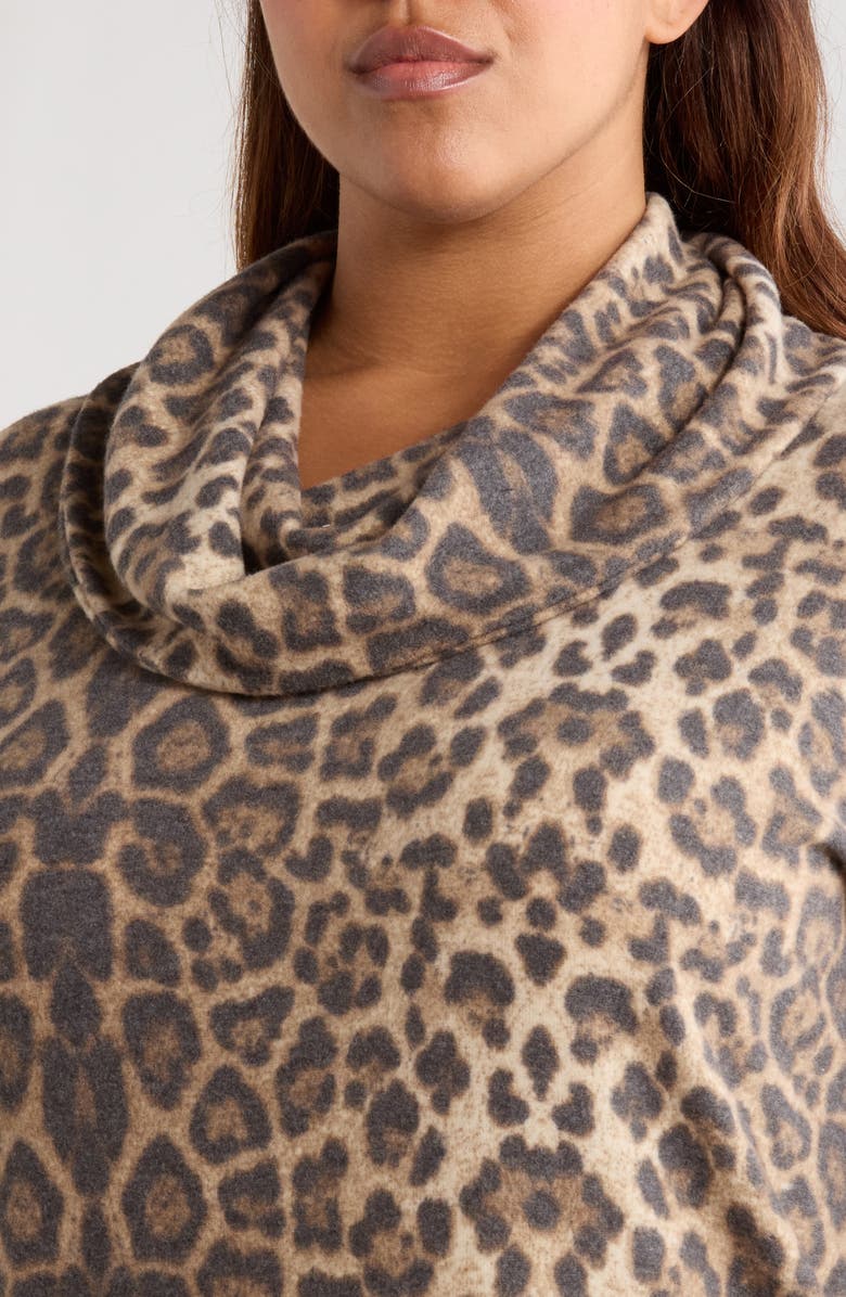 Loveappella Leopard Print Hacci Knit Cowl Neck Tunic, Alternate, color, Taupe/ Brown