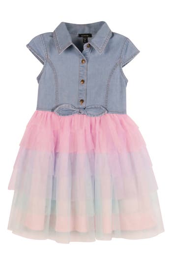 Zunie Kids' Birthday Girl Tiered Mesh Dress In Denim Multi