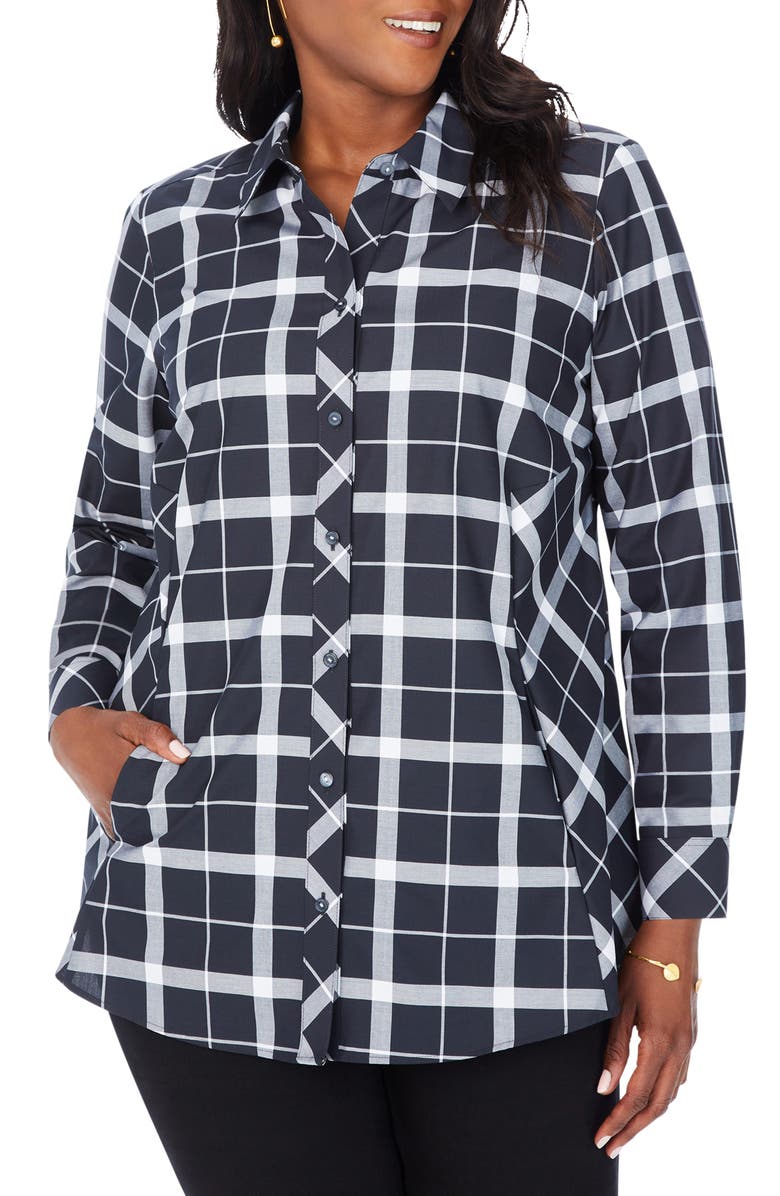 Foxcroft Cici Windowpane Plaid Non-Iron Button-Up Tunic, Main, color, 