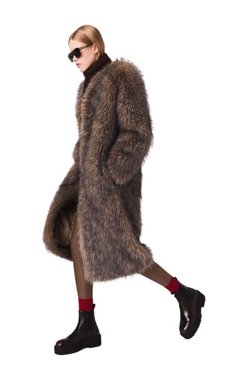 Maje Long Faux Fur Coat In Brown
