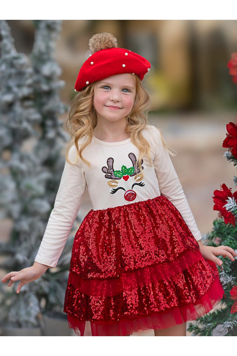 Sparkling Reindeer Sequin Long Sleeve Tutu Dress, Alternate, color, Red