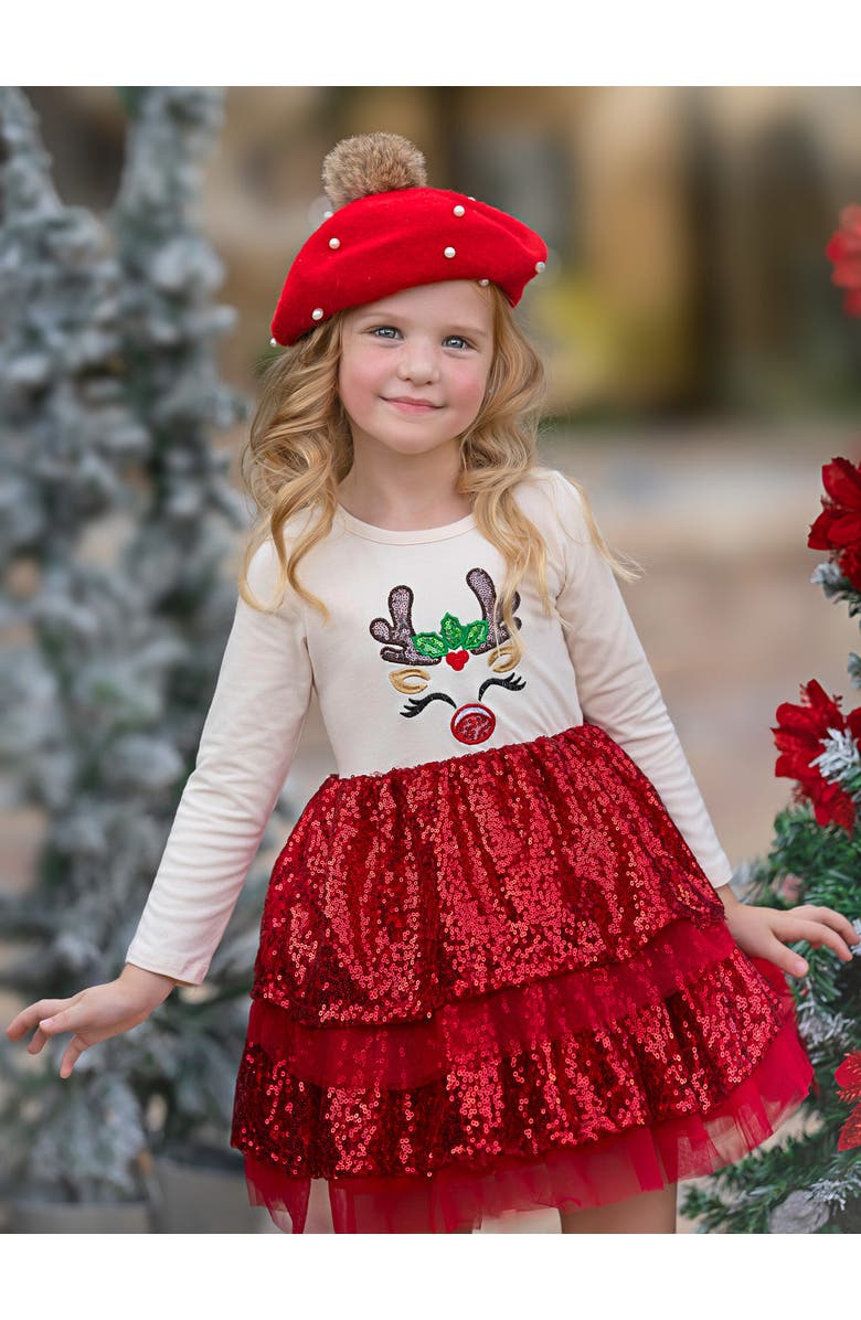 Mia Belle Girls Sparkling Reindeer Sequin Long Sleeve Tutu Dress, Alternate, color, Red