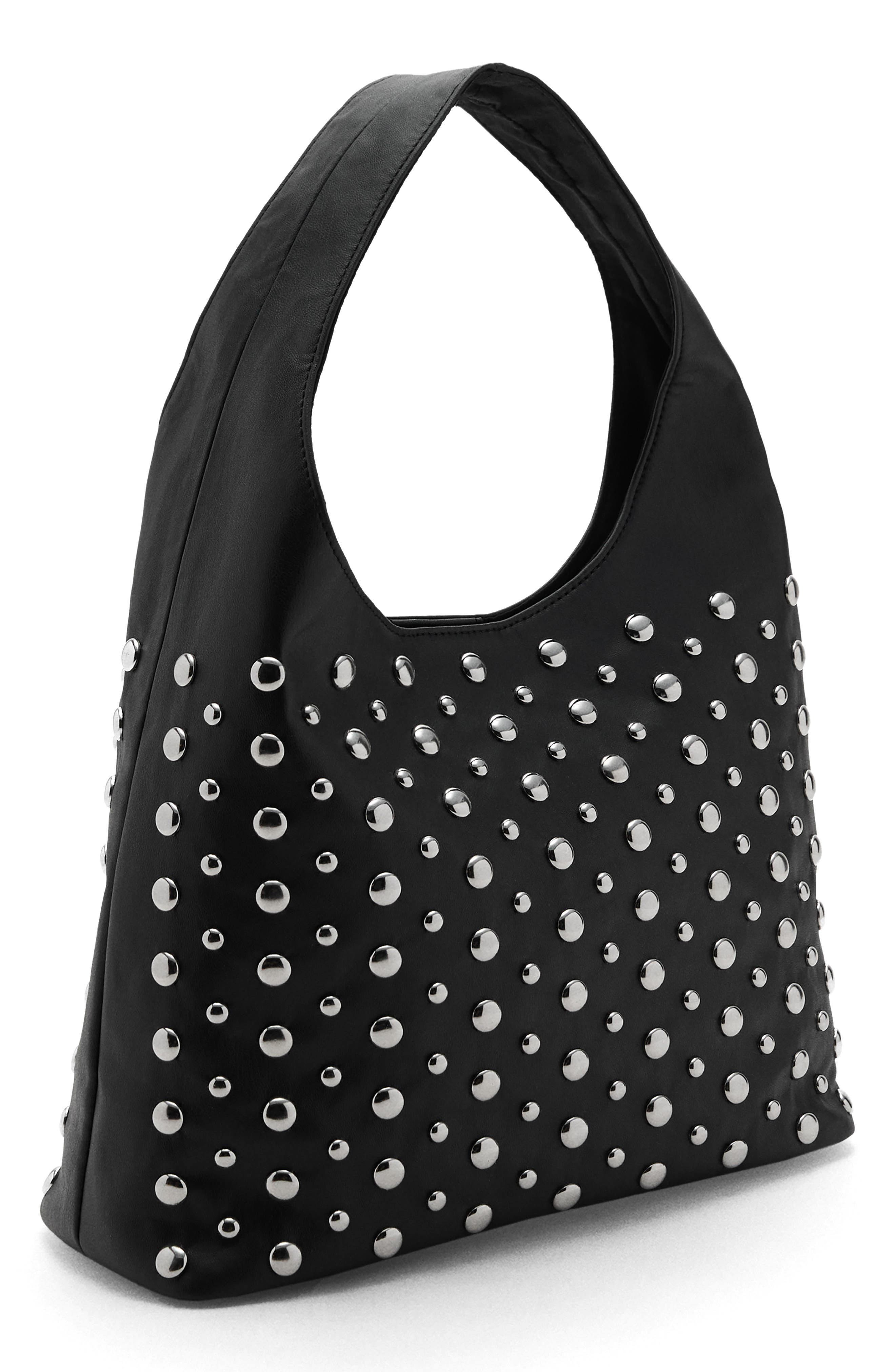 MANGO TEEN Stud Faux Leather Sack Shoulder Bag, Alternate, color, Black
