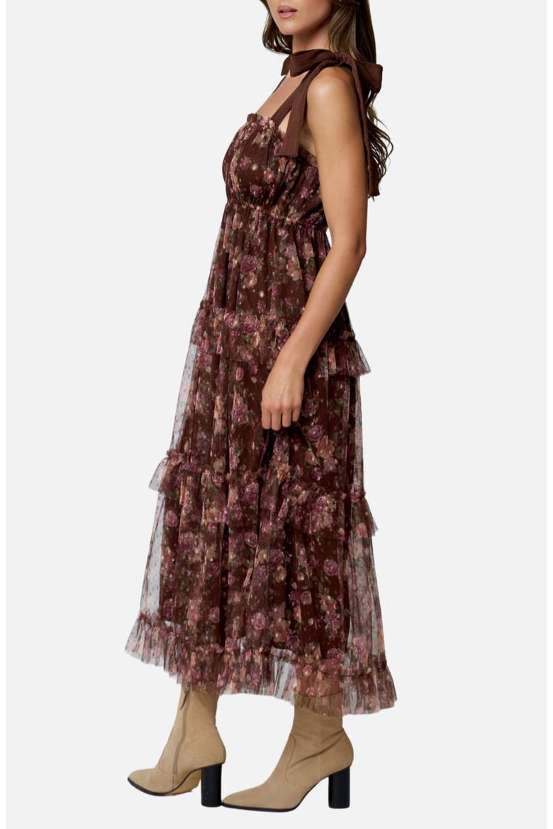 Tie Strap Ruffle Tiered Floral Chiffon Midi Dress, Alternate, color, BROWN MULTI