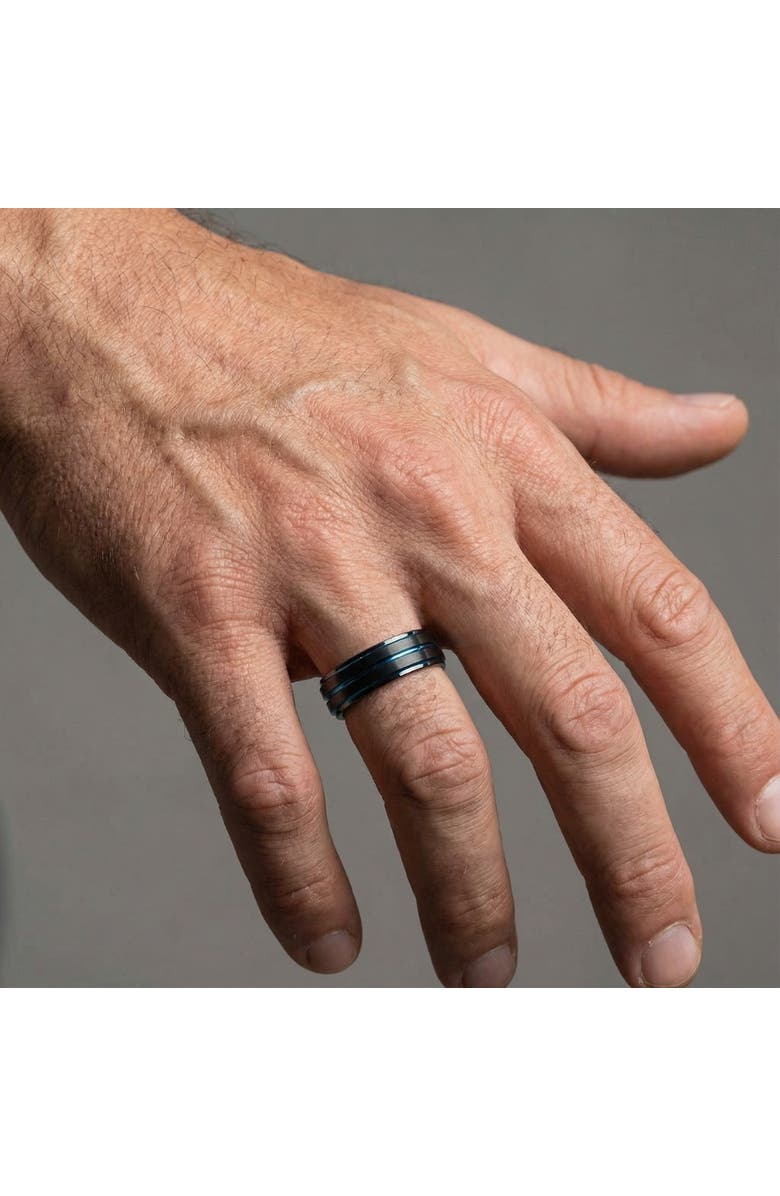 Bliss Diamond Men's Black & Blue Tungsten Ring Brushed Beveled Step Cut Wedding Band, Alternate, color, Black Tungsten