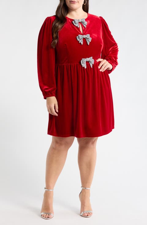 Glow Bow Velvet Long Sleeve Dress (Plus)