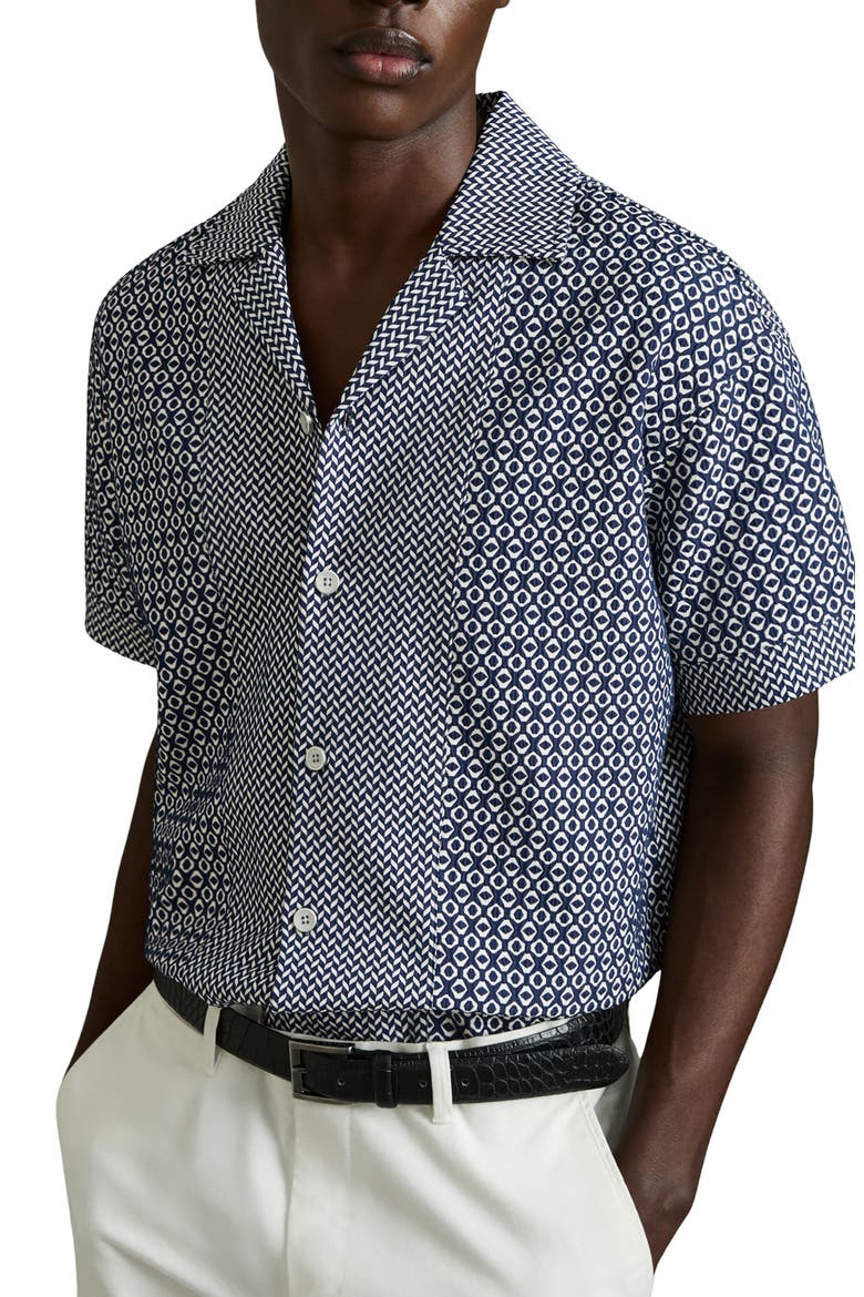 Matisse Geometric Jacquard Knit Camp Shirt, Main, color, NAVY/ WHITE