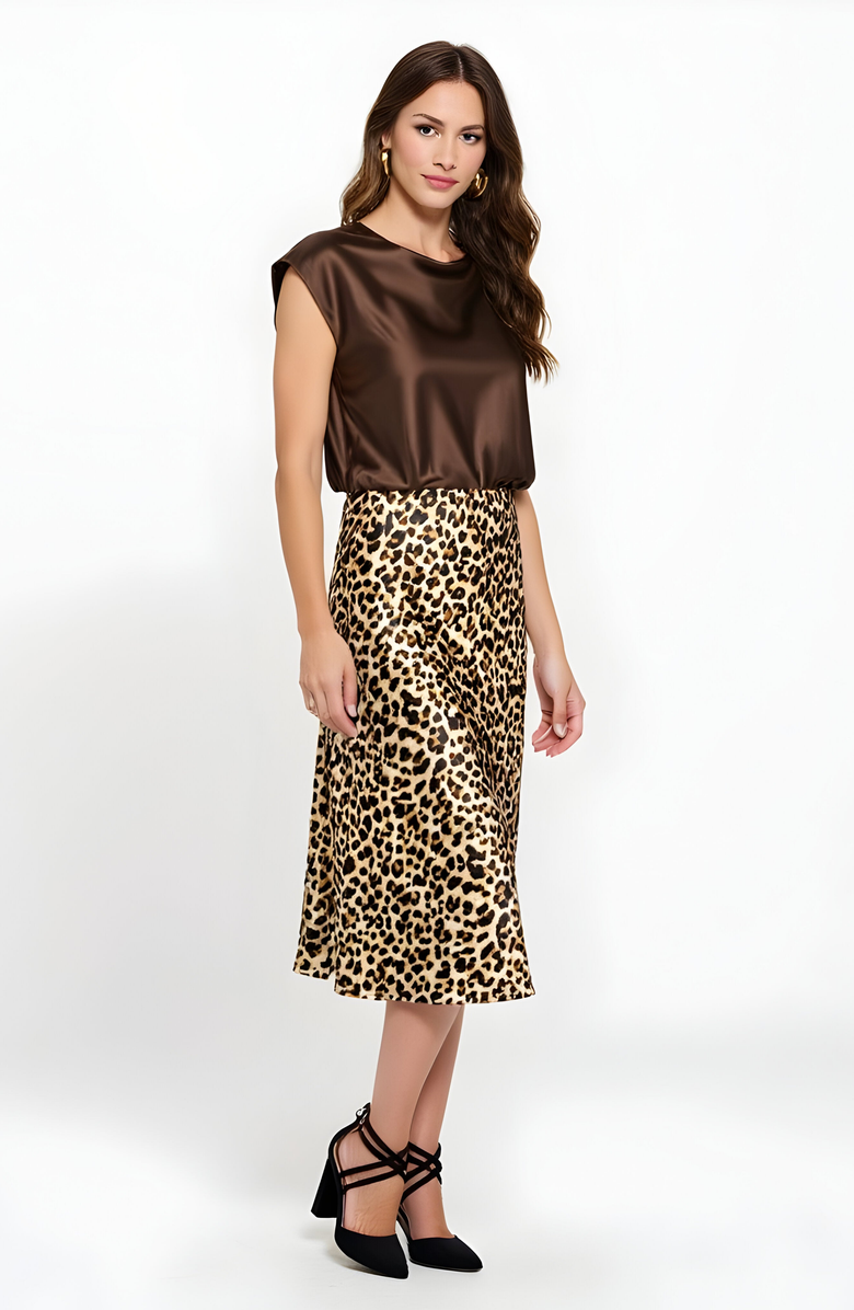 Modenaire Leopard Print Bias Cut Satin Midi Skirt, Alternate, color, Leopard Print