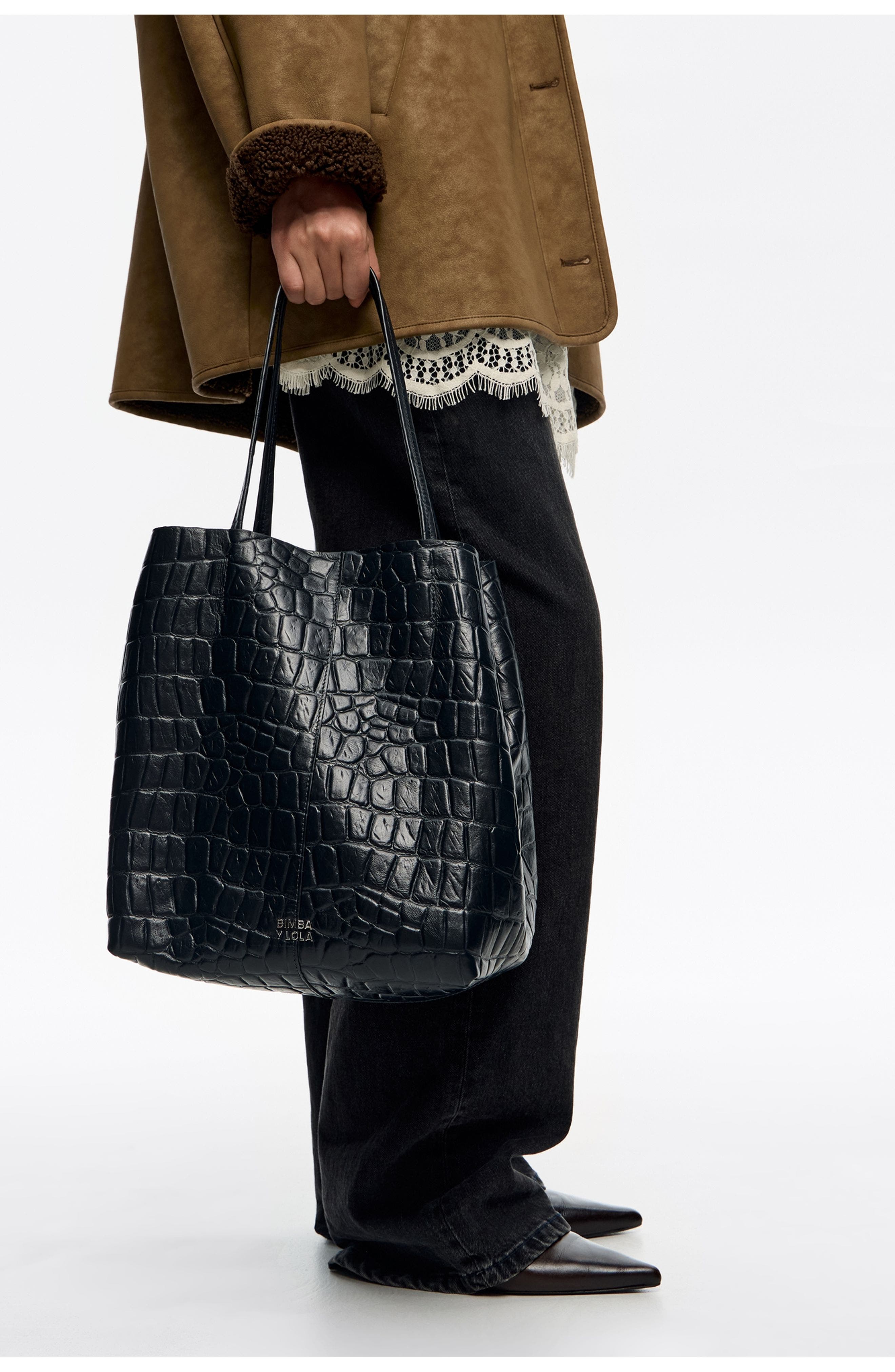 Bimba y Lola Mock Croc Large Leather Shopper Bag, Alternate, color, Petrol Blue