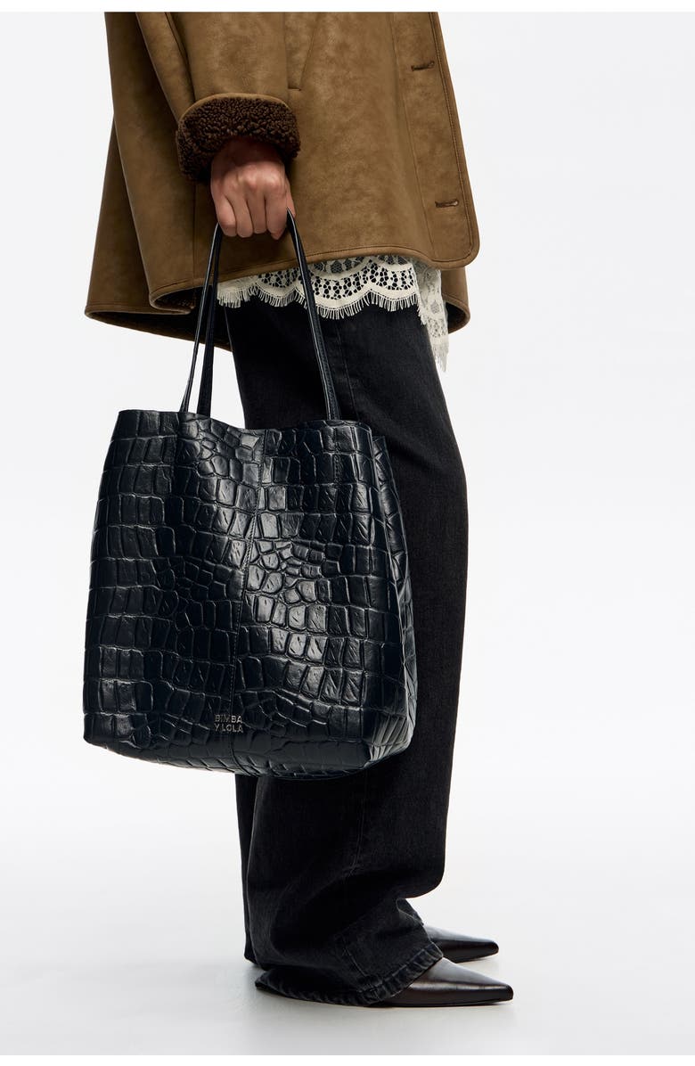 Bimba y Lola Mock Croc Large Leather Shopper Bag, Alternate, color, Petrol Blue