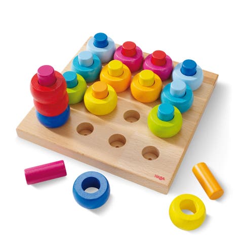 Rainbow Whirls Wooden Sorting & Stacking Rings Shape Sorter, Educational Toys for 2 Year Old & Up, Color Sorting Fine Motor Toys, Made in Germany