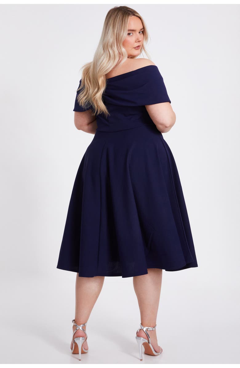 QUIZ Plus Size Scuba Crepe Bardot Wrap Midi Skater Dress, Alternate, color,
