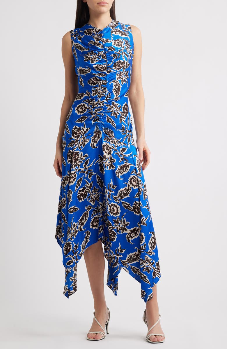 MELLODAY Floral Sleeveless Ruched Satin Midi Dress, Main, color, Blue Brown Multi Floral