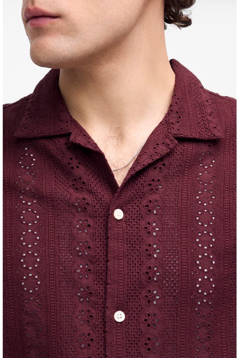Short Sleeve Button-Up Shirt in Embroidered Cotton, Alternate, color, DUSTY PLUM
