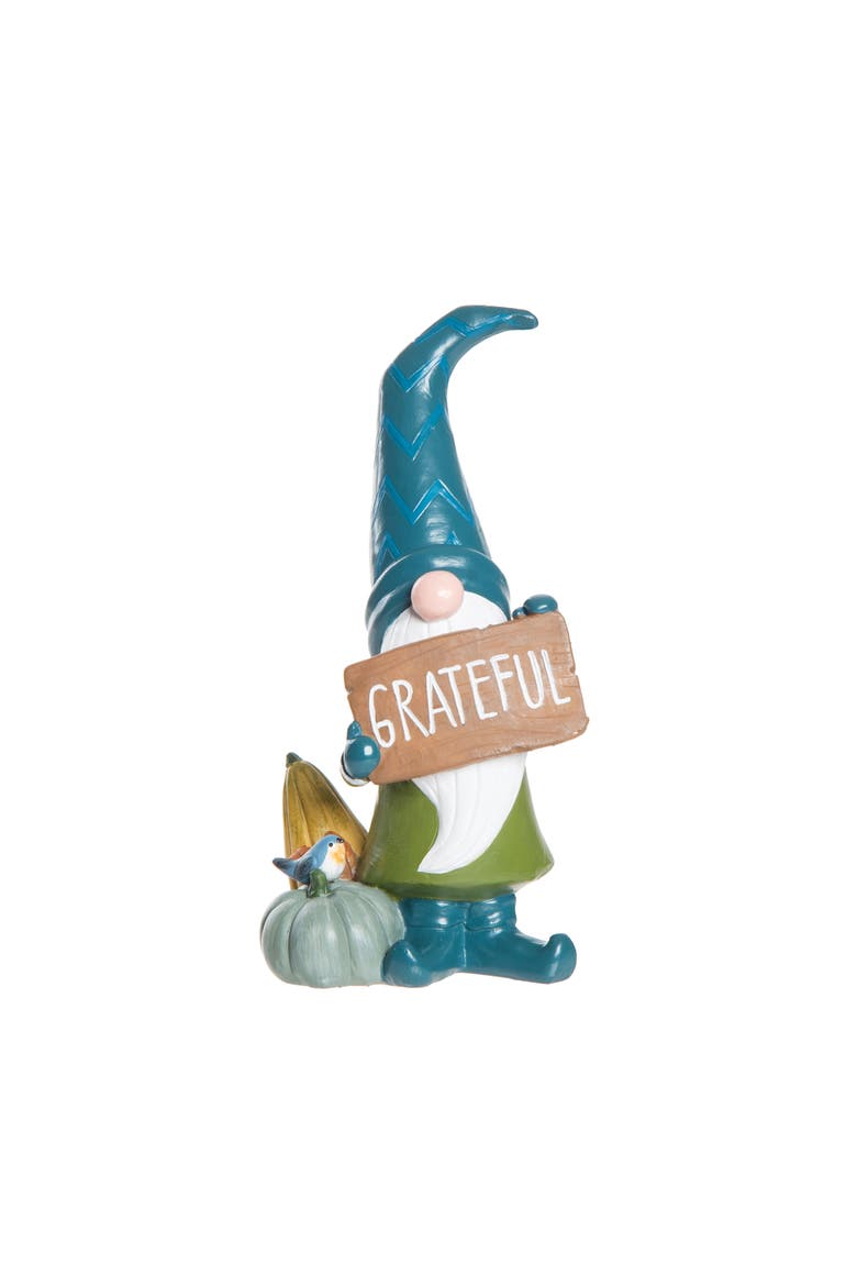 Standing Gnome Holding "Grateful" Sign Thanksgiving Figurine, Main, color, Blue