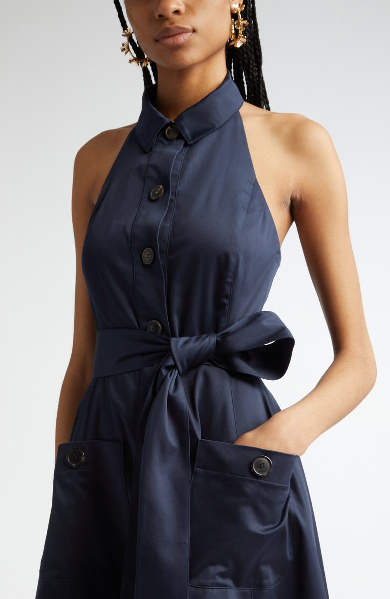 Carolina Herrera Halter Neck Belted Stretch Cotton Sateen Shirtdress, Alternate, color, Midnight