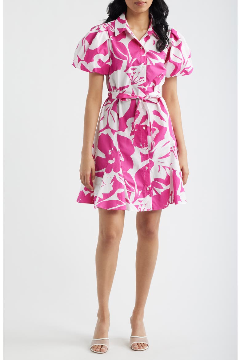 Floral Short Sleeve Cotton Mini Shirtdress, Main, color, PINK MULTI