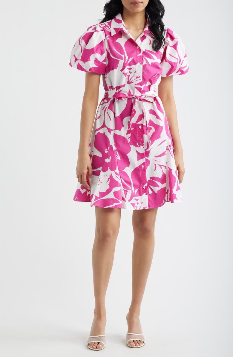 CeCe Floral Short Sleeve Cotton Mini Shirtdress, Main, color, Pink Multi