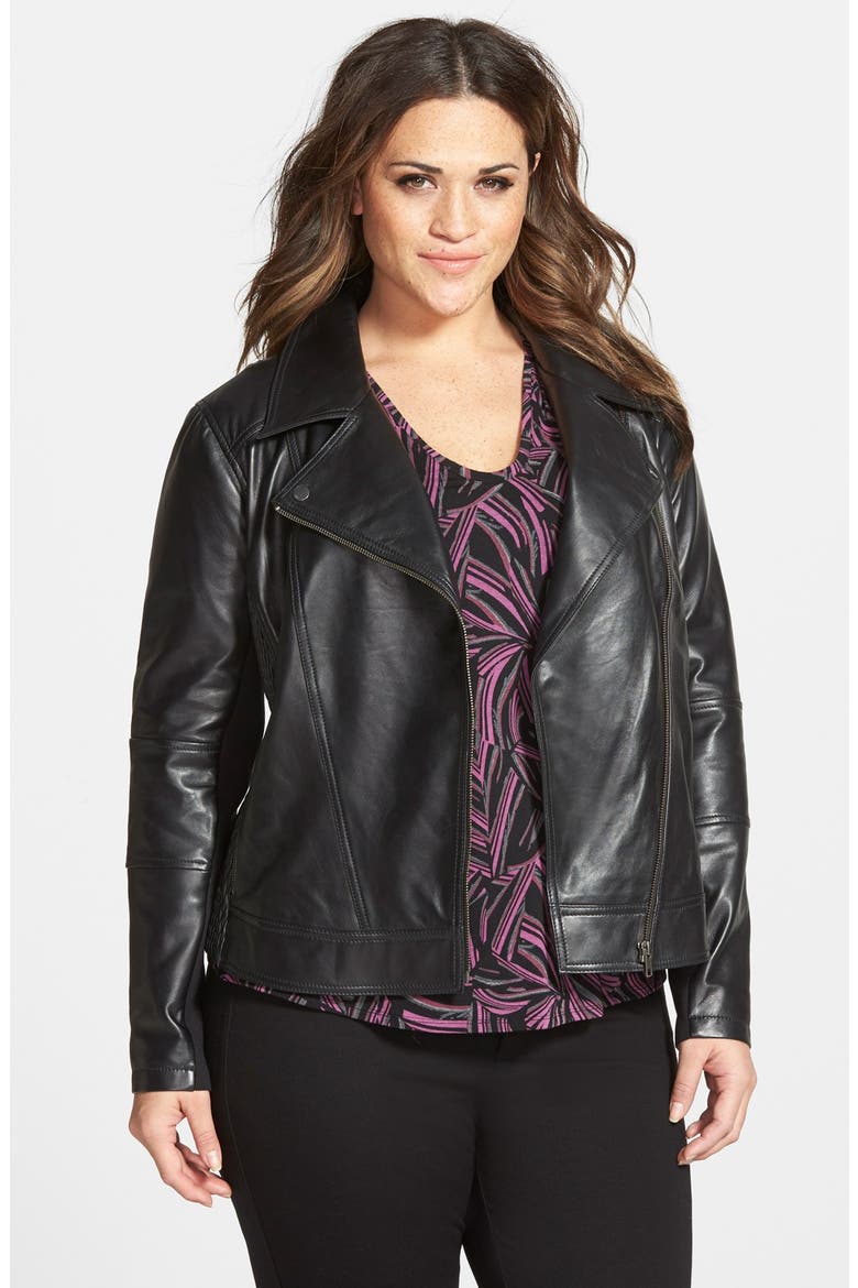 Smocked Side Leather Moto Jacket, Alternate, color, BLACK