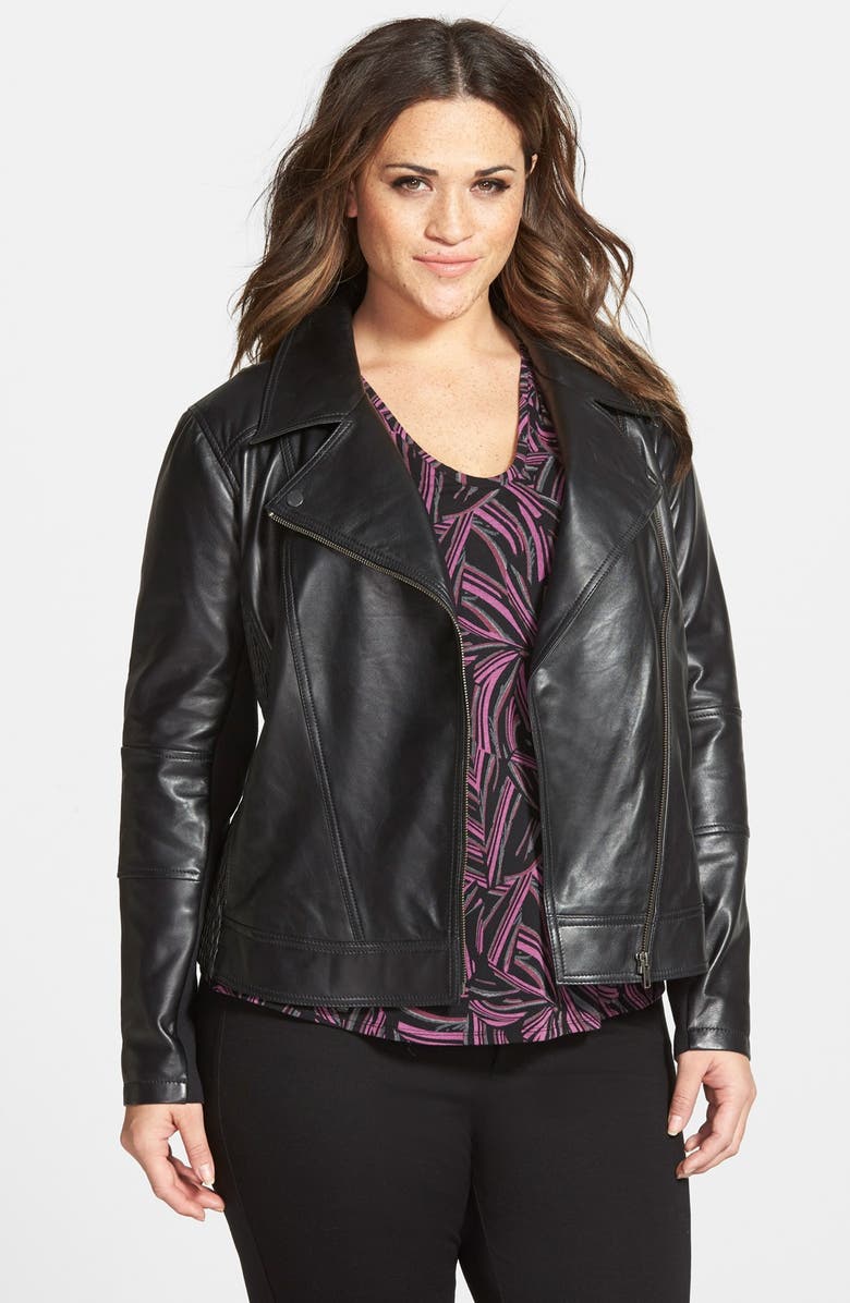 Halogen<sup>®</sup> Smocked Side Leather Moto Jacket, Alternate, color, 