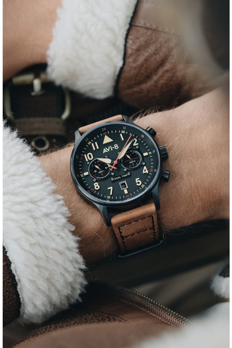 Hawker Hurricane Carey Chronograph Leather Strap Watch, 44mm, Alternate, color, BLACK