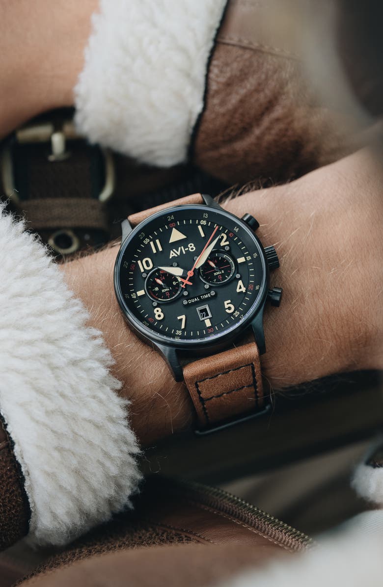 AVI-8 Hawker Hurricane Carey Chronograph Leather Strap Watch, 44mm, Alternate, color, Black