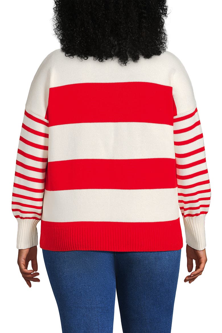 Plus Size Cotton Drifter Novelty Jacquard Crew Neck Sweater, Alternate, color, Coral Red/Ivory Stripes