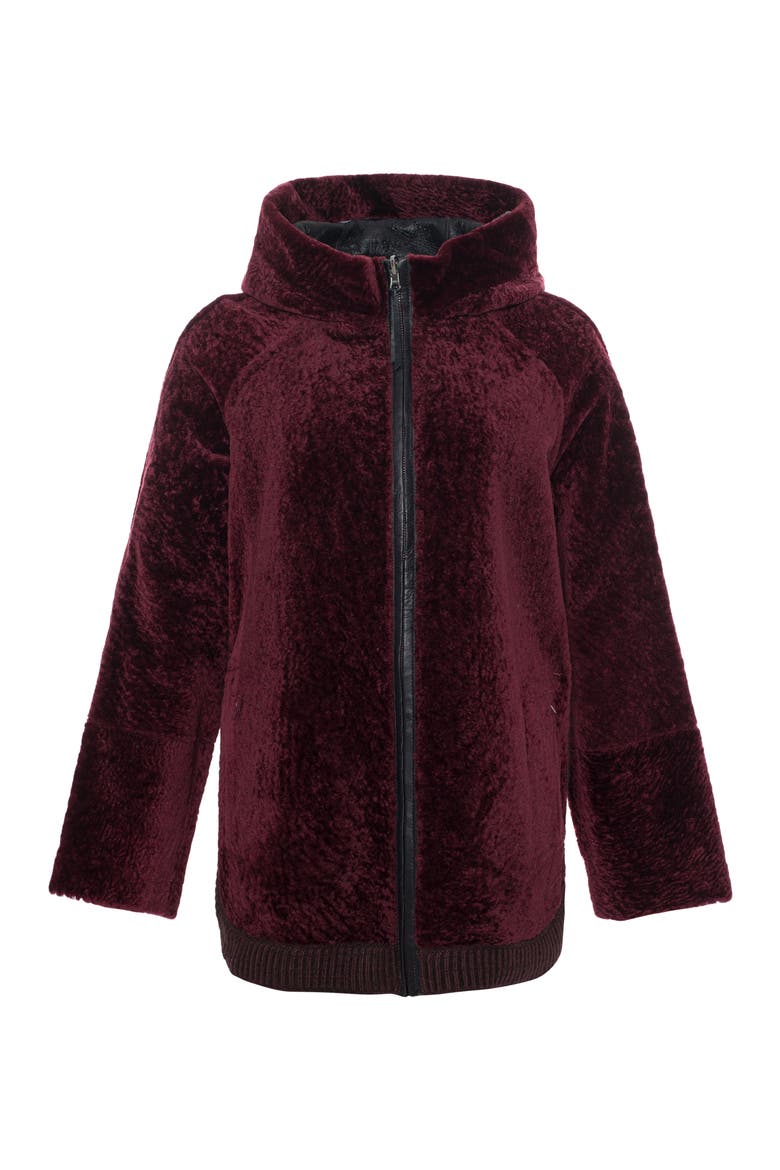 Reversible Textured Genuine Shearling Lamb Zip Parka with Ribbed Hem, Alternate, color, BURGUNDY/BLACK