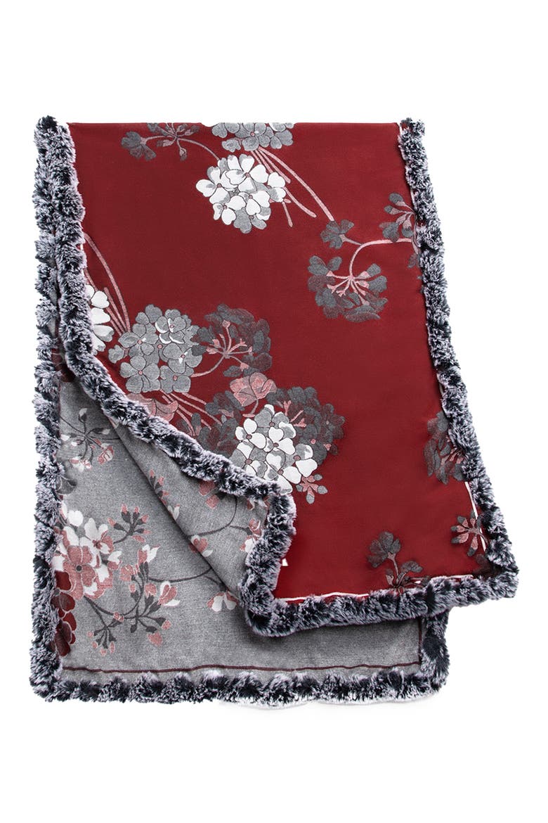 Floral Reversible Scarf with Faux Fur Trim, Alternate, color, MAROON