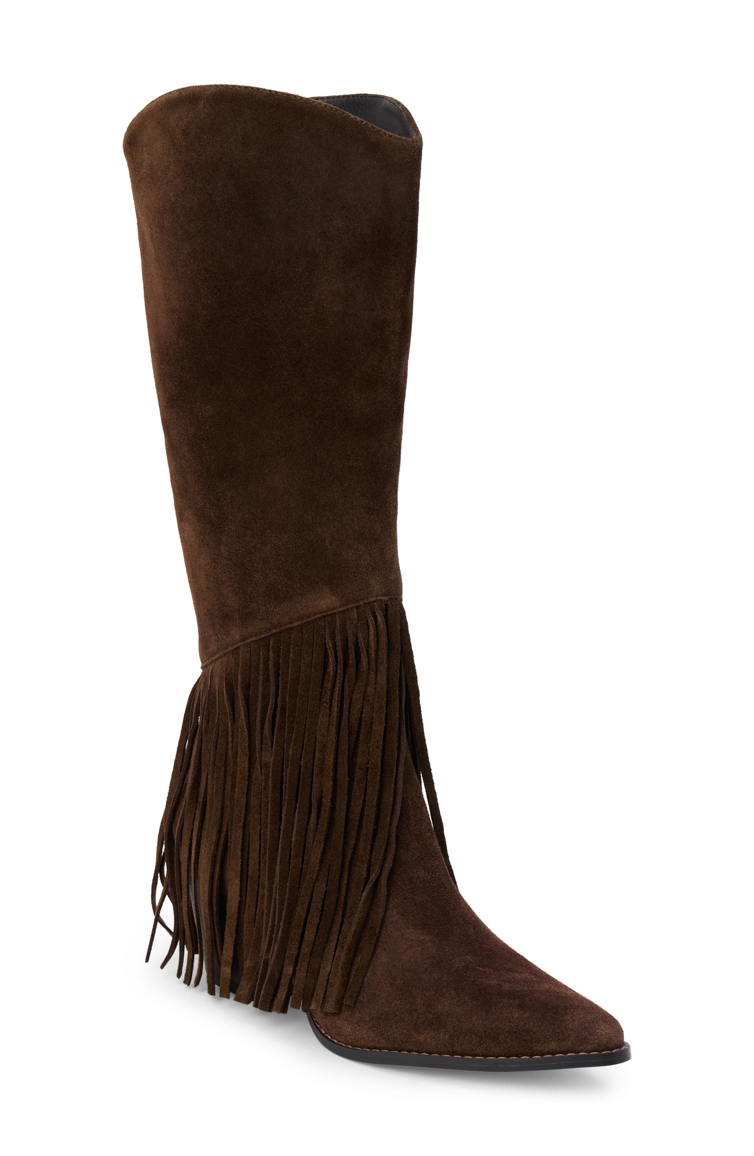 Tatum Fringe Pointed Toe Knee High Boot, Main, color, CHOCOLATE