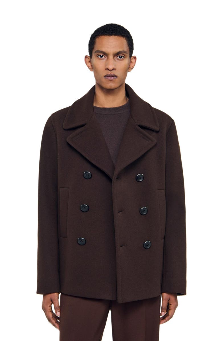 SANDRO Double-breasted wool pea coat, Alternate, color, Chocolate