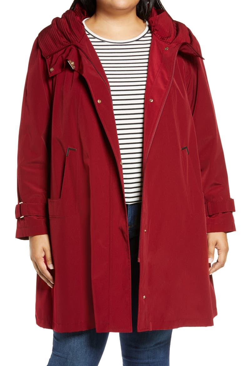 Pleated Collar Raincoat with Liner, Main, color, MERLOT