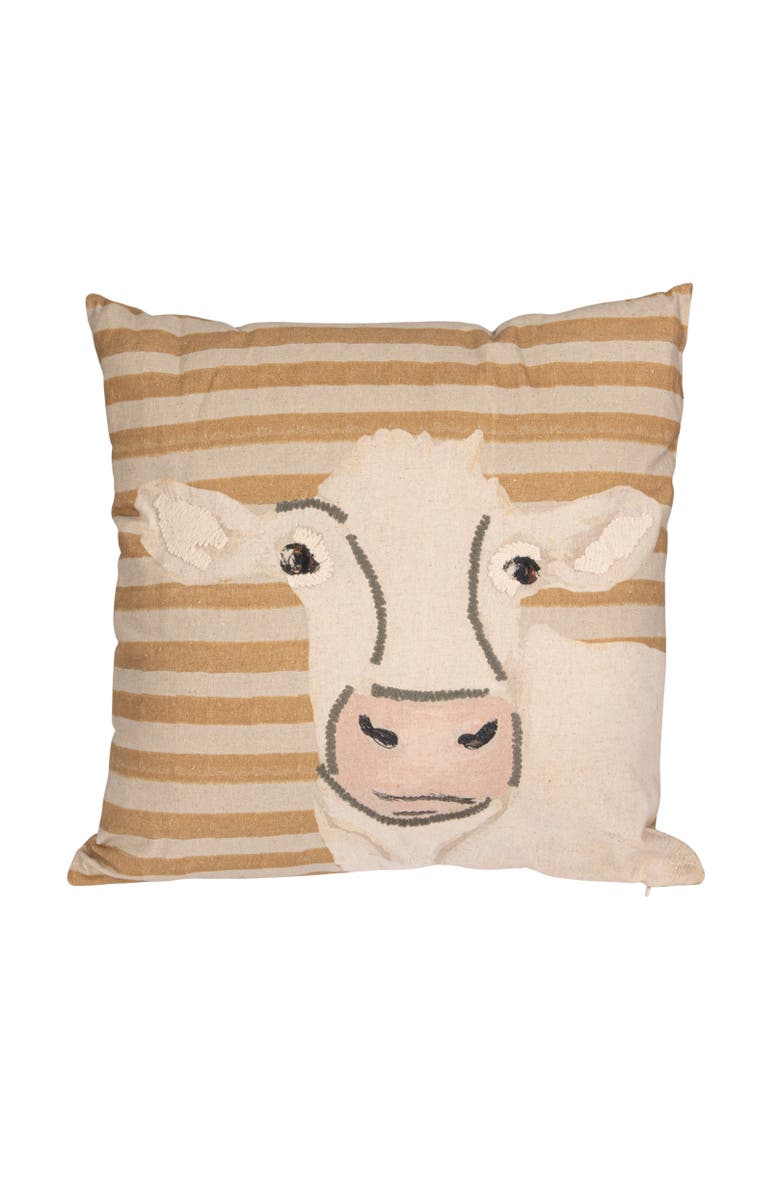 Storied Home Cotton Blend Printed Pillow with Cow Image and Embroidery, Multi Color, Main, color, White