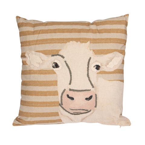 Cotton Blend Printed Pillow with Cow Image and Embroidery, Multi Color