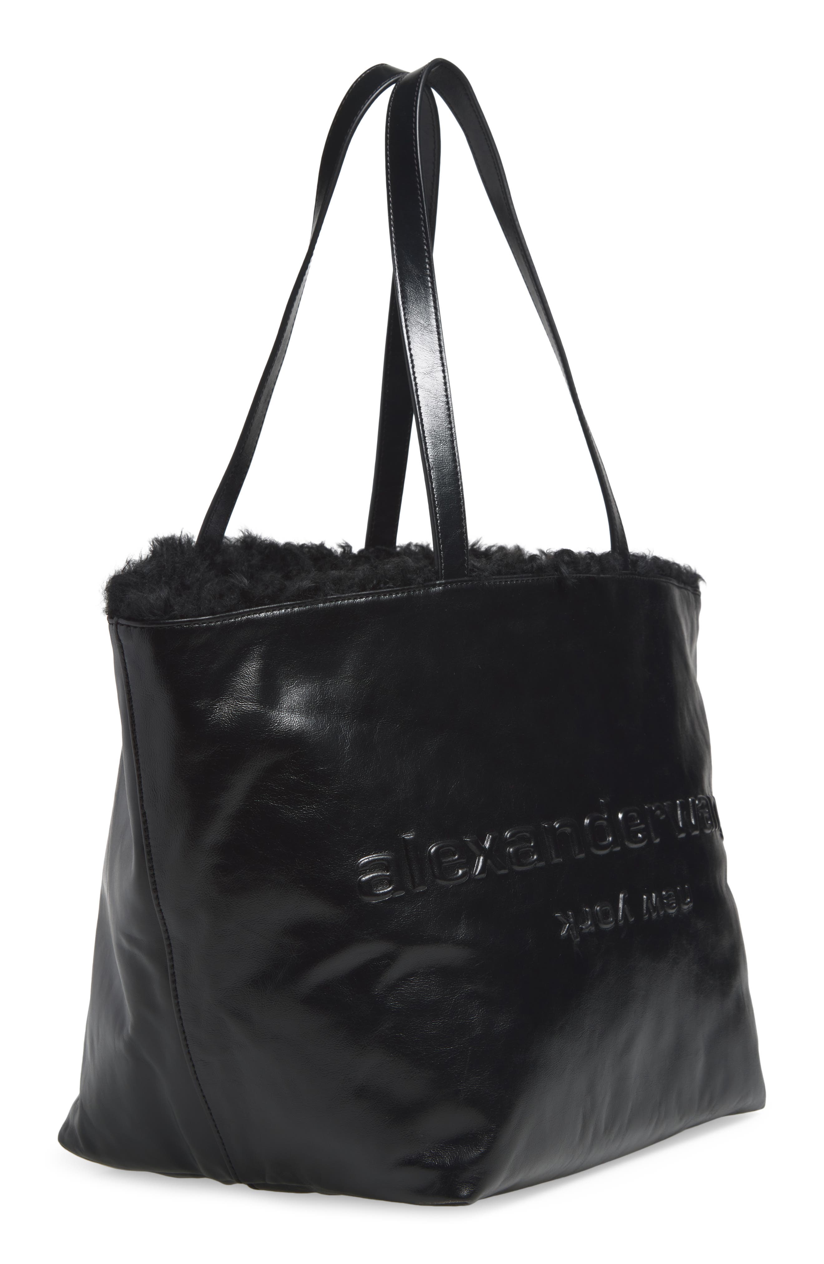 Punch Genuine Shearling Lined Leather Tote, Alternate, color, BLACK
