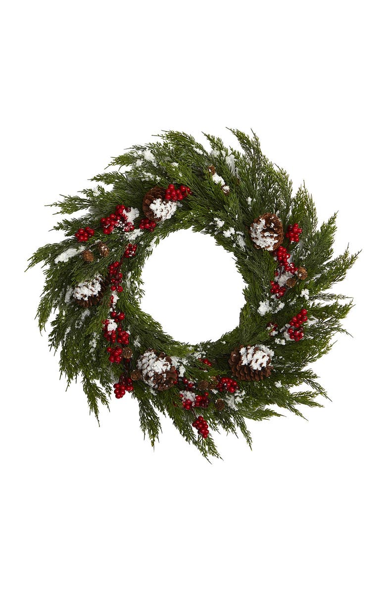 NEARLY NATURAL 28" Frosted Cypress, Berries, & Pinecones Artificial Wreath, Main, color, 