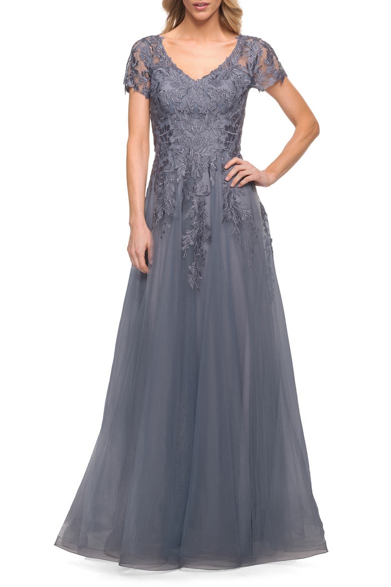 Lace and Tulle A-line Evening Gown with Cap Sleeve, Main, color, SLATE