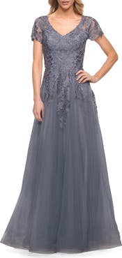 La Femme Lace and Tulle A-line Evening Gown with Cap Sleeve