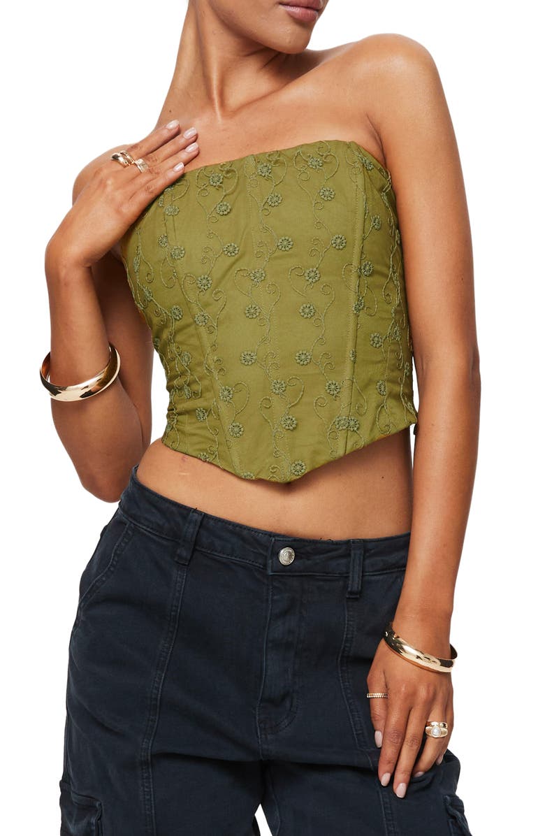 Princess Polly Field Daisies Embroidered Strapless Corset Top, Main, color, 