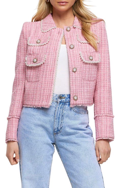 Faux Pearl Crop Bouclé Blazer