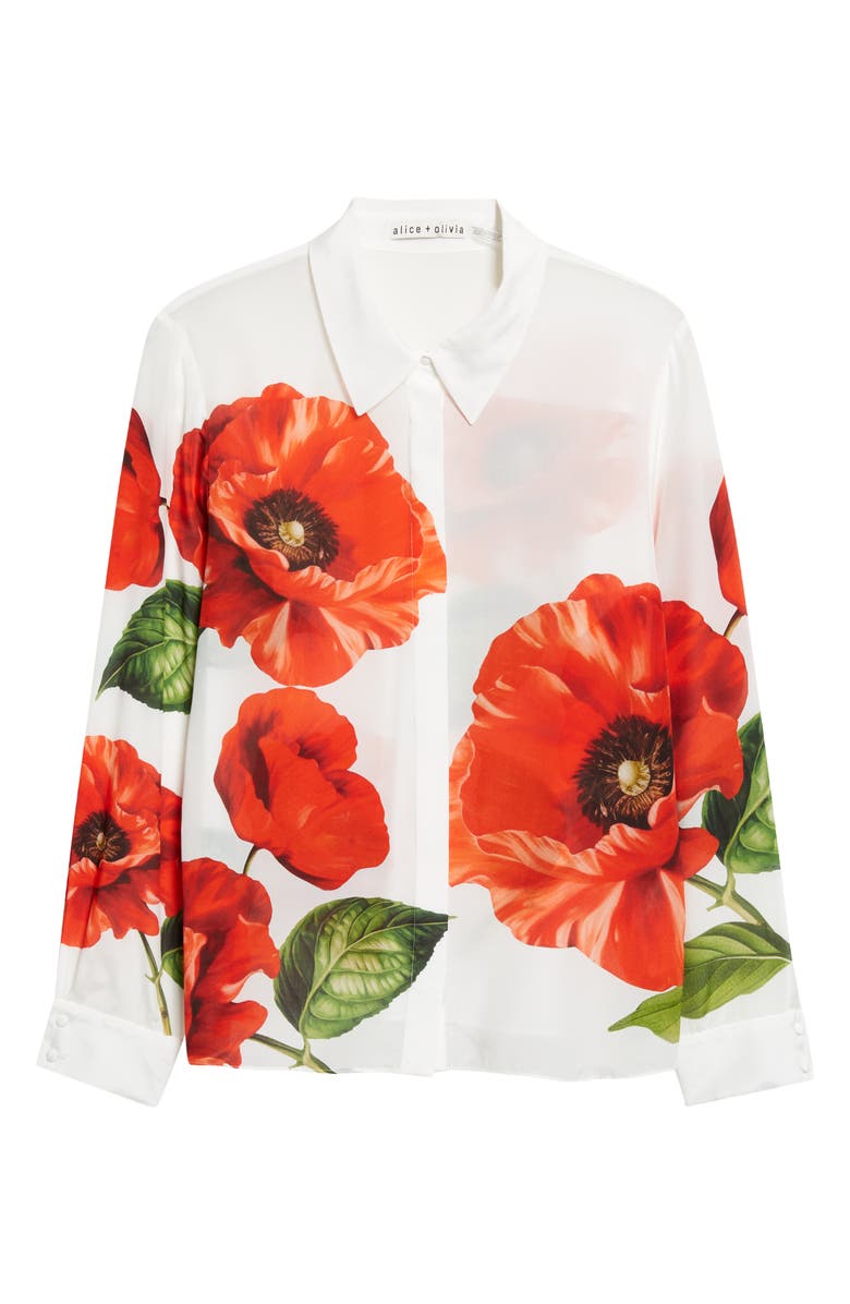 Alice + Olivia Willa Floral Print Silk Button-Up Shirt, Alternate, color, Summer Poppy